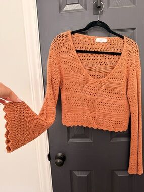 Lucca | Terracotta Cropped Crochet V-Neck Sweater